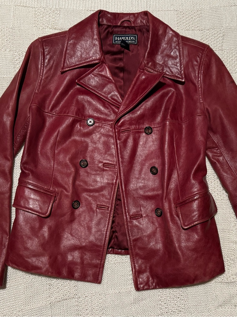 Harolds Vintage Red Leather Jacket Double Breasted Pea Coat Blazer ShoulderPad 2